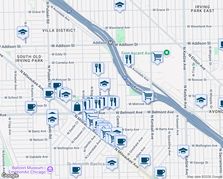 map of restaurants, bars, coffee shops, grocery stores, and more near 3315 North Monticello Avenue in Chicago