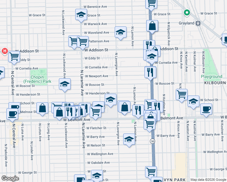map of restaurants, bars, coffee shops, grocery stores, and more near 5029 West Henderson Street in Chicago