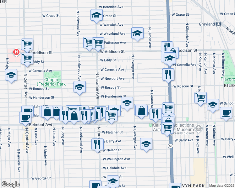 map of restaurants, bars, coffee shops, grocery stores, and more near 5104 West Henderson Street in Chicago