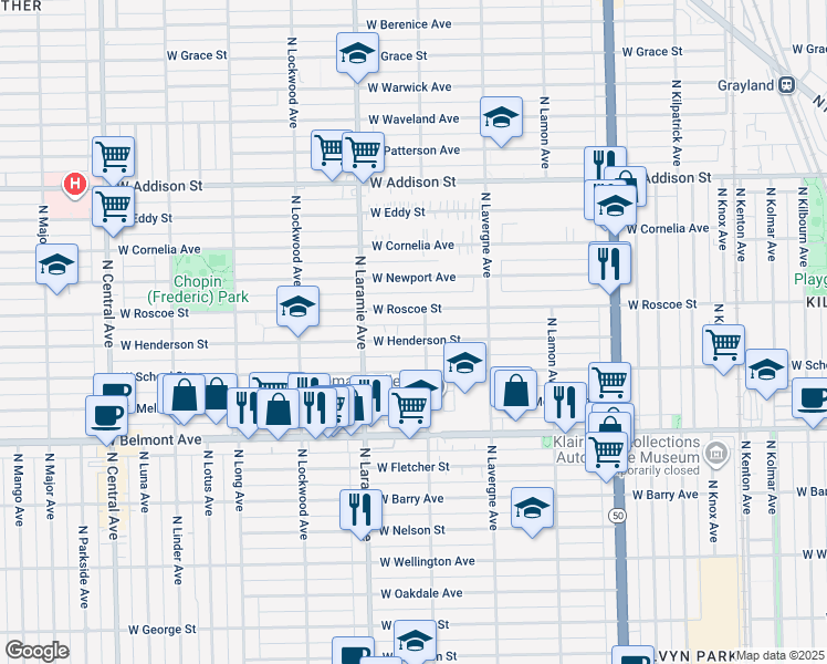 map of restaurants, bars, coffee shops, grocery stores, and more near 5104 West Henderson Street in Chicago