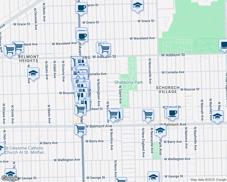 map of restaurants, bars, coffee shops, grocery stores, and more near 7029 West Roscoe Street in Chicago