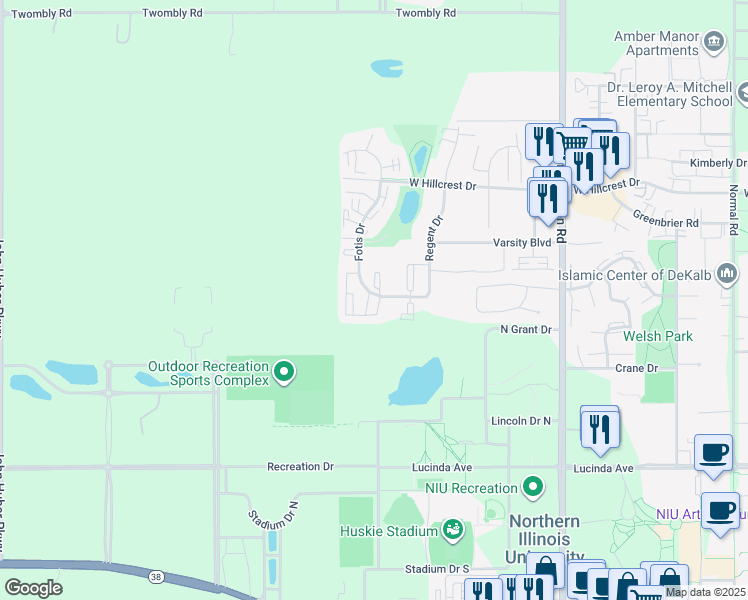 map of restaurants, bars, coffee shops, grocery stores, and more near 723 Eco Park Drive in DeKalb