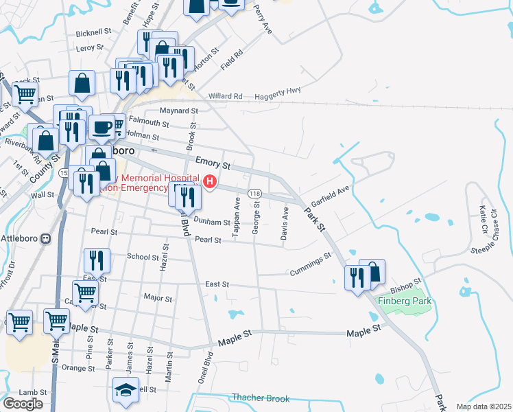 map of restaurants, bars, coffee shops, grocery stores, and more near 9 George Street in Attleboro