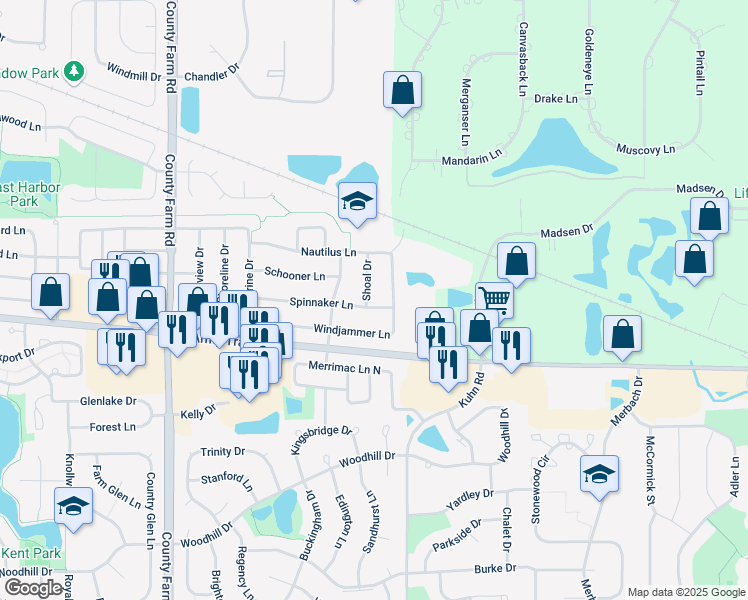 map of restaurants, bars, coffee shops, grocery stores, and more near 1310 Spinnaker Lane in Hanover Park