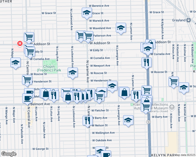 map of restaurants, bars, coffee shops, grocery stores, and more near 5118 West Henderson Street in Chicago