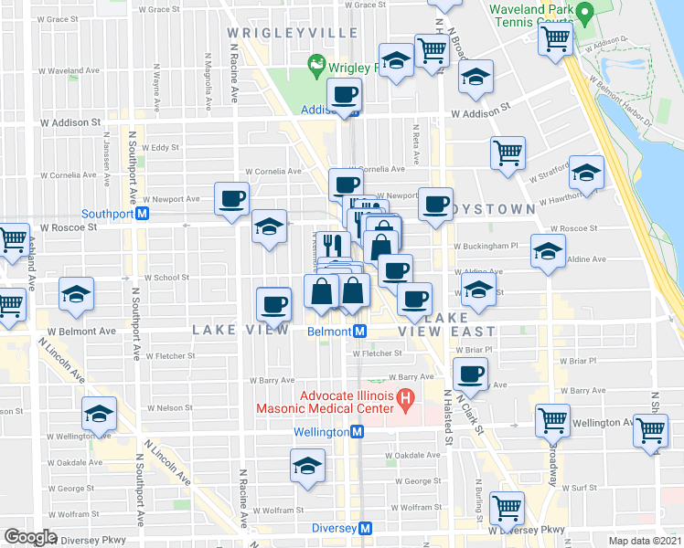 map of restaurants, bars, coffee shops, grocery stores, and more near W School St & N Sheffield Ave in Chicago