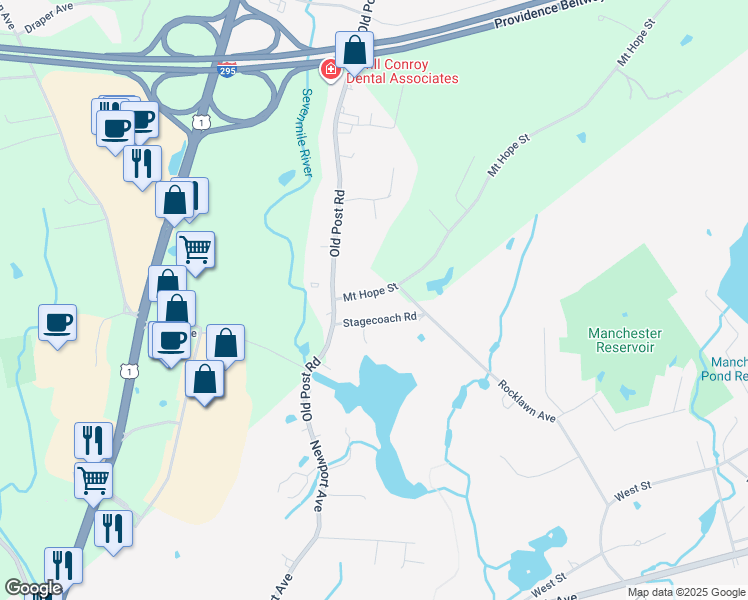 map of restaurants, bars, coffee shops, grocery stores, and more near 9 Mount Hope Street in North Attleborough