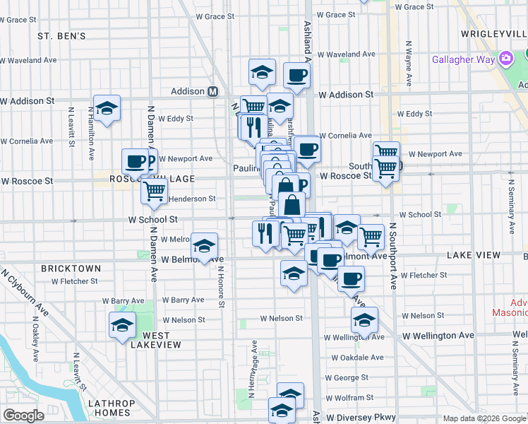 map of restaurants, bars, coffee shops, grocery stores, and more near 1710 West School Street in Chicago