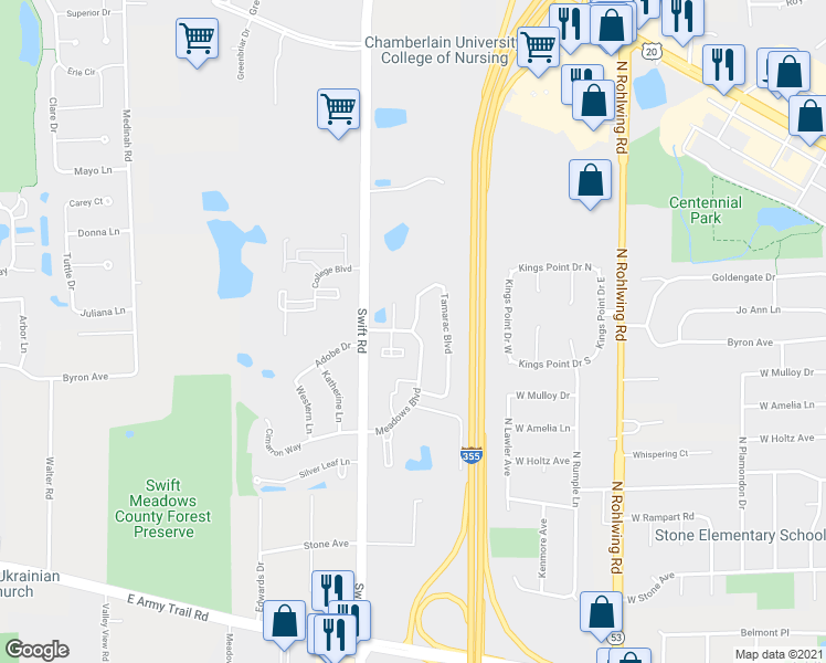 map of restaurants, bars, coffee shops, grocery stores, and more near 799 Meadows Boulevard in Addison