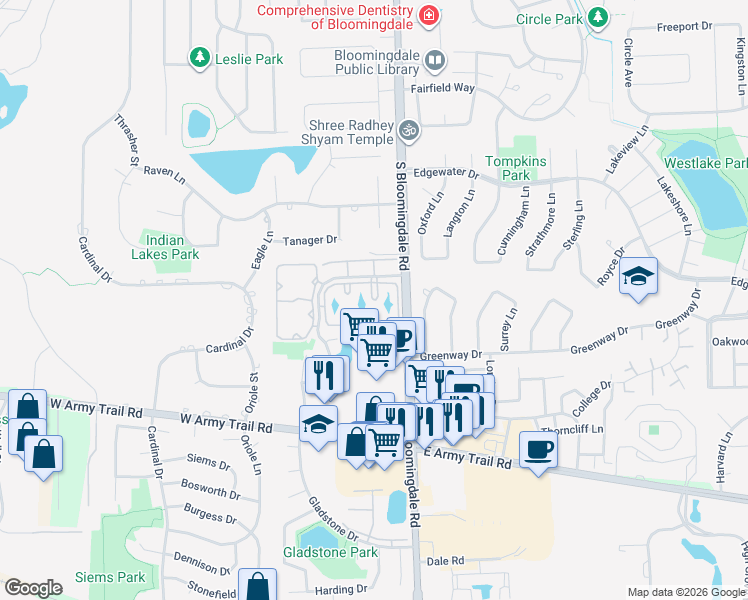 map of restaurants, bars, coffee shops, grocery stores, and more near 194 South Waters Edge Drive in Glendale Heights