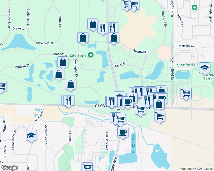 map of restaurants, bars, coffee shops, grocery stores, and more near 280 Old Gary Avenue in Bloomingdale