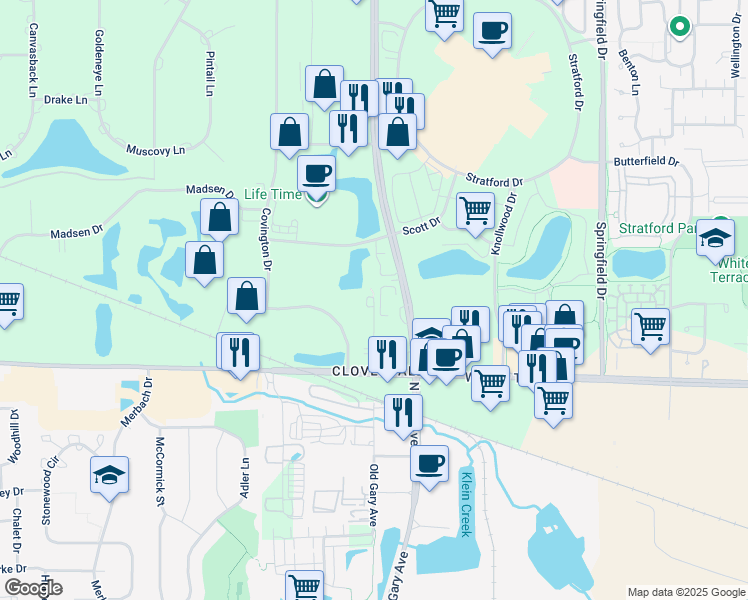 map of restaurants, bars, coffee shops, grocery stores, and more near 280 Old Gary Avenue in Bloomingdale