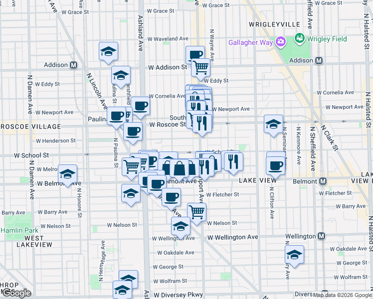 map of restaurants, bars, coffee shops, grocery stores, and more near 1426 West School Street in Chicago