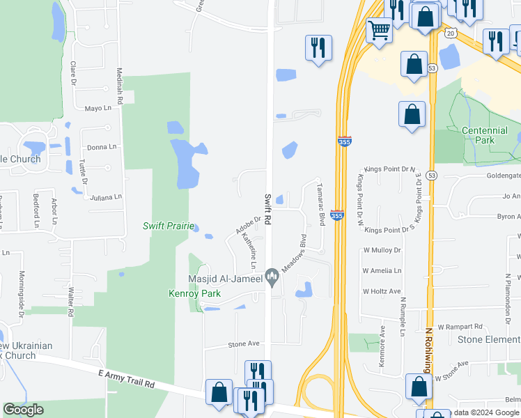 map of restaurants, bars, coffee shops, grocery stores, and more near 2106 Adobe Drive in Addison