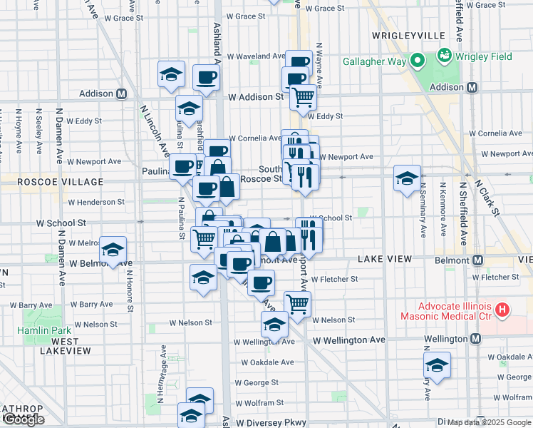 map of restaurants, bars, coffee shops, grocery stores, and more near 1454 West School Street in Chicago