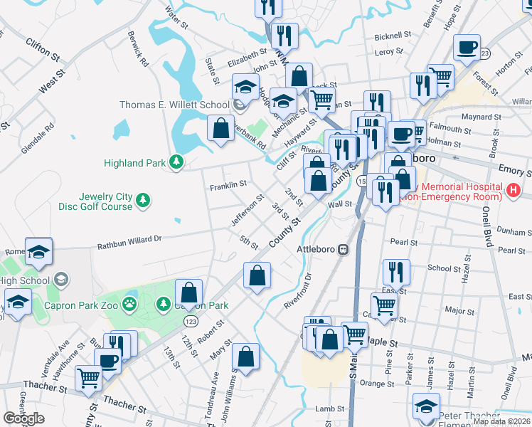 map of restaurants, bars, coffee shops, grocery stores, and more near 15 East 4th Street in Attleboro