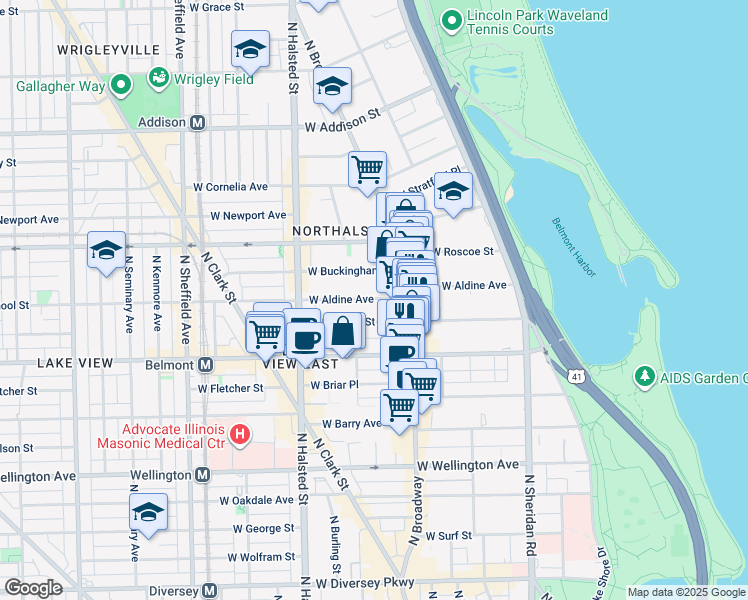 map of restaurants, bars, coffee shops, grocery stores, and more near 111 South Michigan Avenue in Chicago