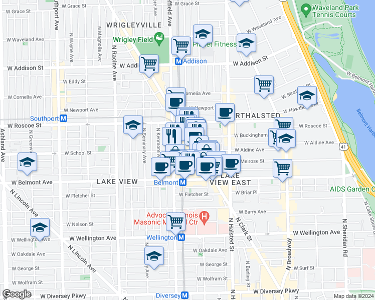map of restaurants, bars, coffee shops, grocery stores, and more near 915 West School Street in Chicago