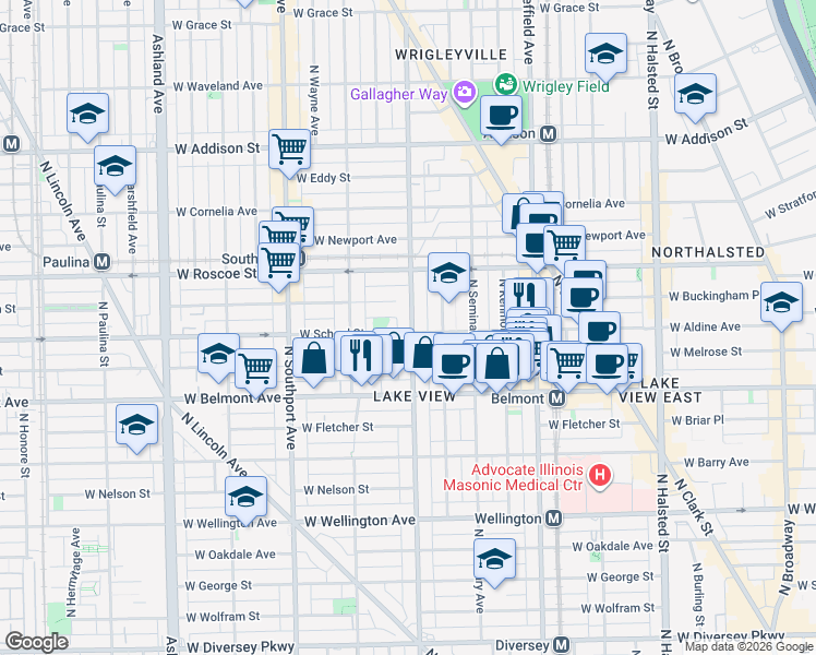 map of restaurants, bars, coffee shops, grocery stores, and more near 3255 North Racine Avenue in Chicago