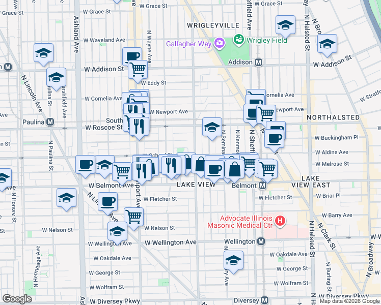 map of restaurants, bars, coffee shops, grocery stores, and more near 1225 West School Street in Chicago