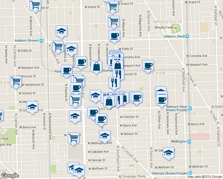 map of restaurants, bars, coffee shops, grocery stores, and more near 1415 West School Street in Chicago