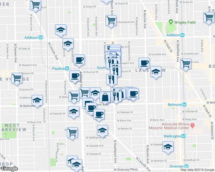 map of restaurants, bars, coffee shops, grocery stores, and more near 1415 West School Street in Chicago