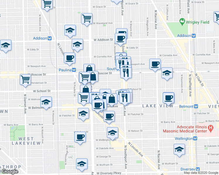map of restaurants, bars, coffee shops, grocery stores, and more near 3244 North Greenview Avenue in Chicago