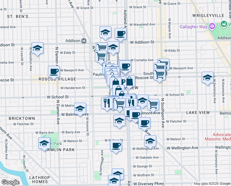 map of restaurants, bars, coffee shops, grocery stores, and more near 3300 North Lincoln Avenue in Chicago