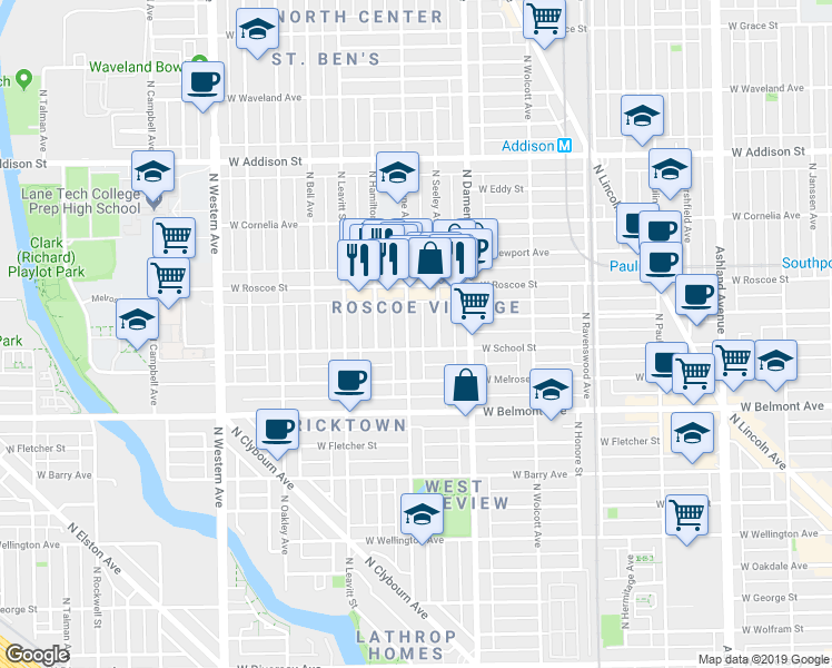 map of restaurants, bars, coffee shops, grocery stores, and more near 3300 North Hoyne Avenue in Chicago