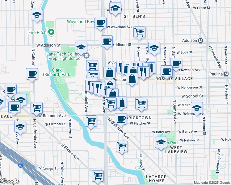 map of restaurants, bars, coffee shops, grocery stores, and more near 3300 North Claremont Avenue in Chicago