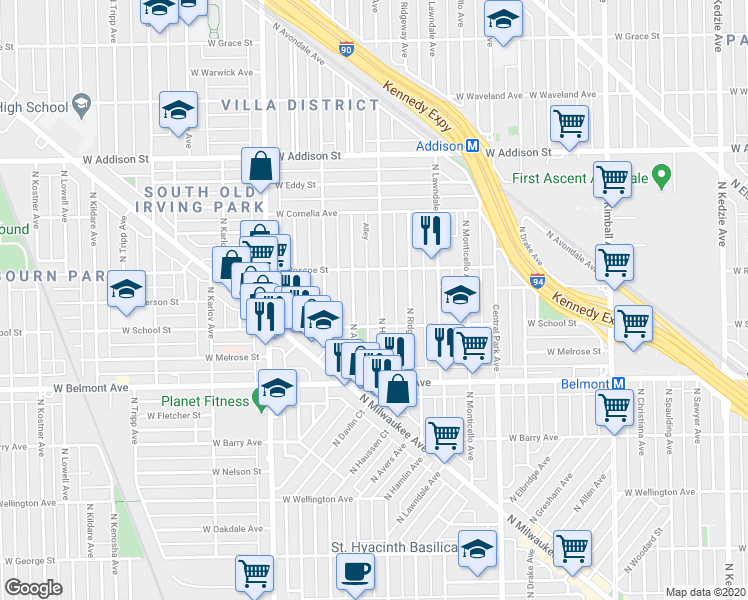 map of restaurants, bars, coffee shops, grocery stores, and more near 3314 Alley in Chicago