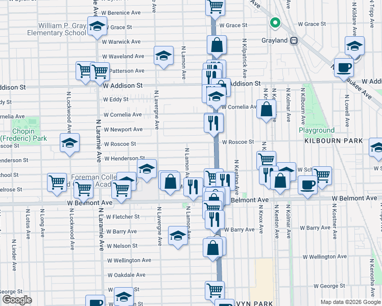 map of restaurants, bars, coffee shops, grocery stores, and more near 4839 West Henderson Street in Chicago