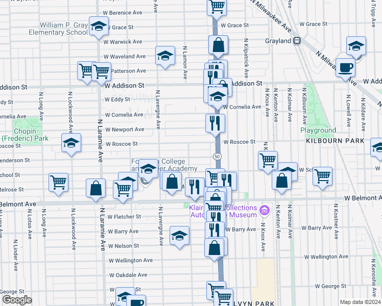 map of restaurants, bars, coffee shops, grocery stores, and more near 4834 West Henderson Street in Chicago