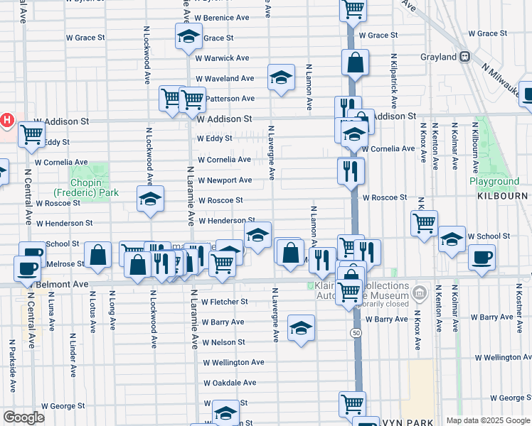 map of restaurants, bars, coffee shops, grocery stores, and more near 5029 West Henderson Street in Chicago