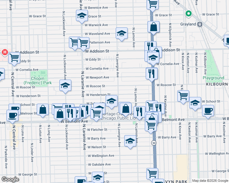 map of restaurants, bars, coffee shops, grocery stores, and more near 5028 West Henderson Street in Chicago