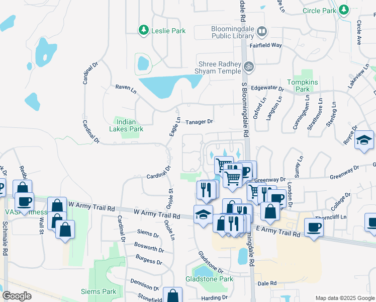 map of restaurants, bars, coffee shops, grocery stores, and more near 2282 Century Point Lane in Glendale Heights