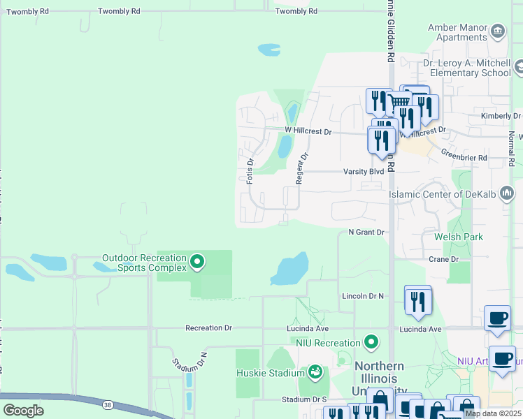 map of restaurants, bars, coffee shops, grocery stores, and more near 723 Eco Park Drive in DeKalb