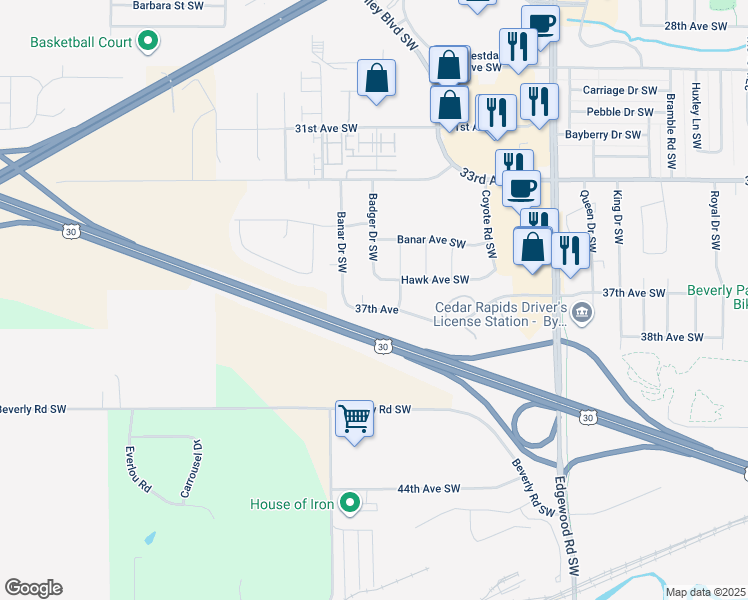 map of restaurants, bars, coffee shops, grocery stores, and more near 4021 37th Avenue in Cedar Rapids
