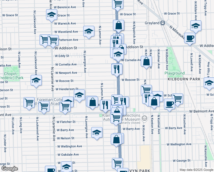 map of restaurants, bars, coffee shops, grocery stores, and more near 4840 West Henderson Street in Chicago