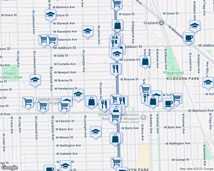 map of restaurants, bars, coffee shops, grocery stores, and more near 4834 West Henderson Street in Chicago
