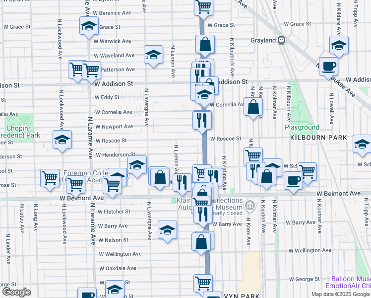 map of restaurants, bars, coffee shops, grocery stores, and more near 4834 West Henderson Street in Chicago