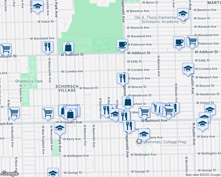 map of restaurants, bars, coffee shops, grocery stores, and more near 6465 West Roscoe Street in Chicago
