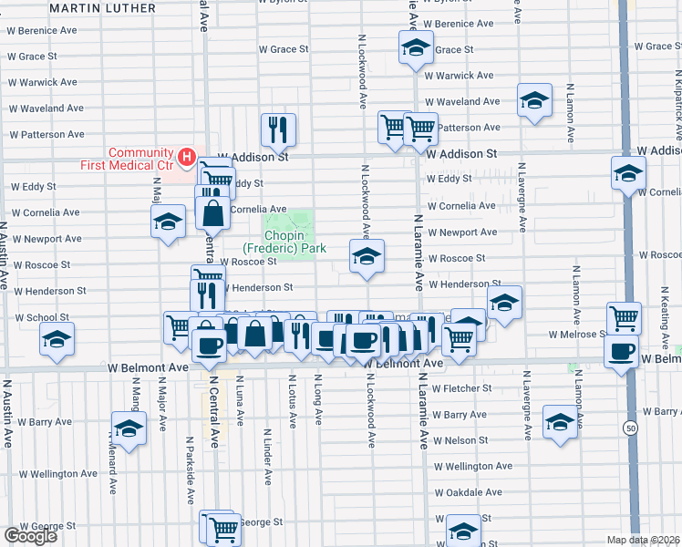 map of restaurants, bars, coffee shops, grocery stores, and more near 5330 W Henderson St in Chicago