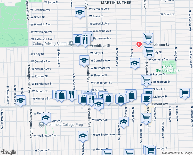 map of restaurants, bars, coffee shops, grocery stores, and more near 5938 West Henderson Street in Chicago