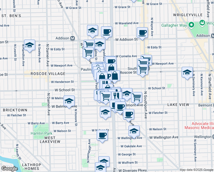 map of restaurants, bars, coffee shops, grocery stores, and more near 3300 North Ashland Avenue in Chicago