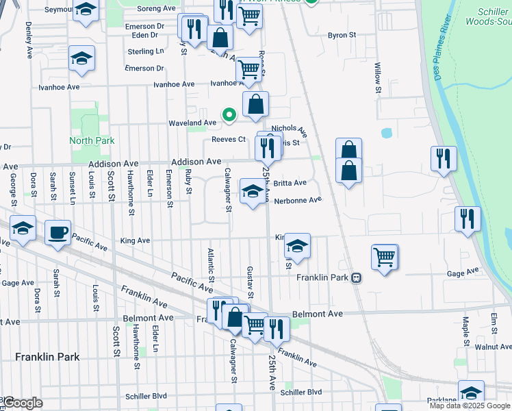 map of restaurants, bars, coffee shops, grocery stores, and more near 3400 Rose Street in Franklin Park