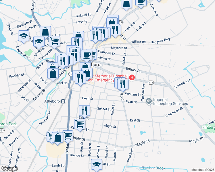map of restaurants, bars, coffee shops, grocery stores, and more near 64 Dunham Street in Attleboro