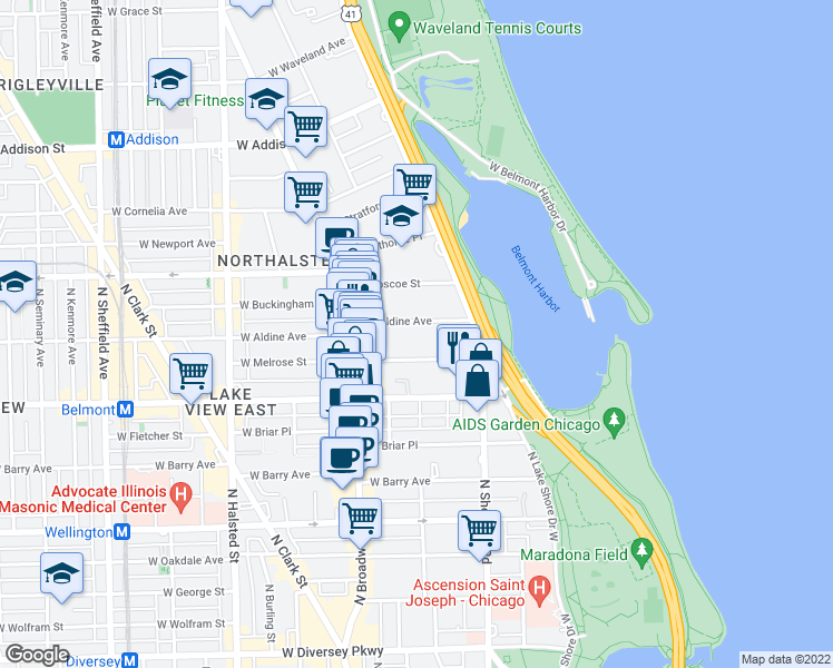 map of restaurants, bars, coffee shops, grocery stores, and more near 500 West Melrose Street in Chicago