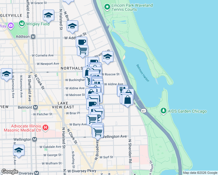 map of restaurants, bars, coffee shops, grocery stores, and more near 500 West Melrose Street in Chicago