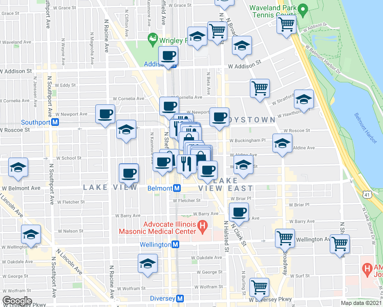 map of restaurants, bars, coffee shops, grocery stores, and more near in Chicago